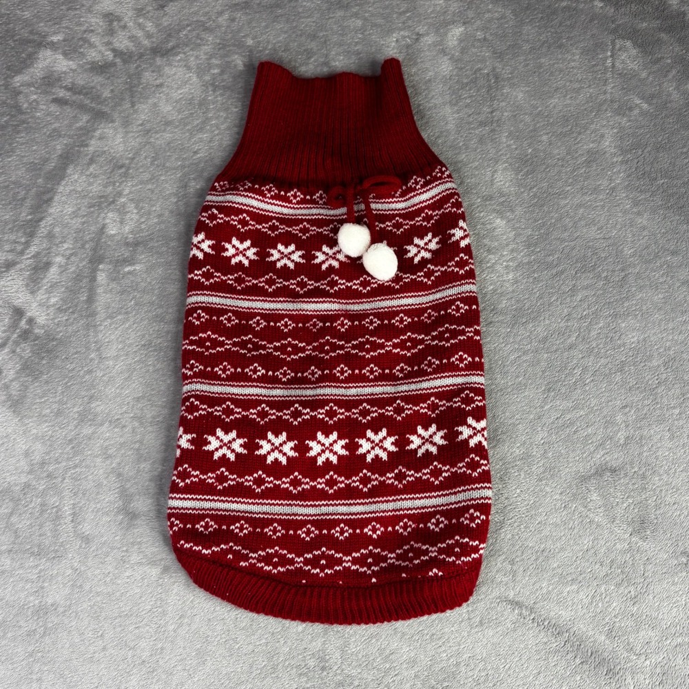 Dog Sweater Small Red Fair Isle Snowflake Holiday Pom Pom Turtleneck Christmas